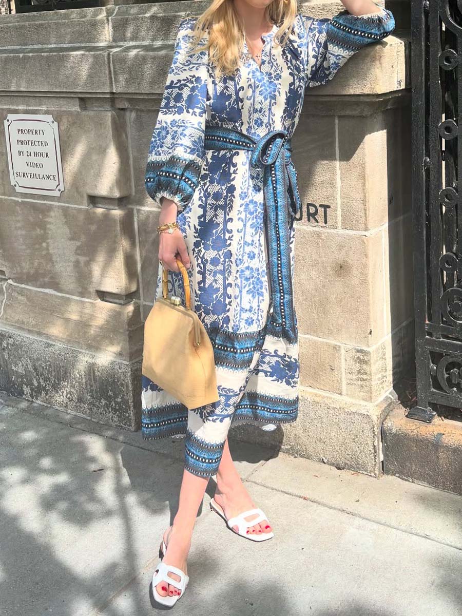 Split Neck Printed Long Slleve Maxi Dress