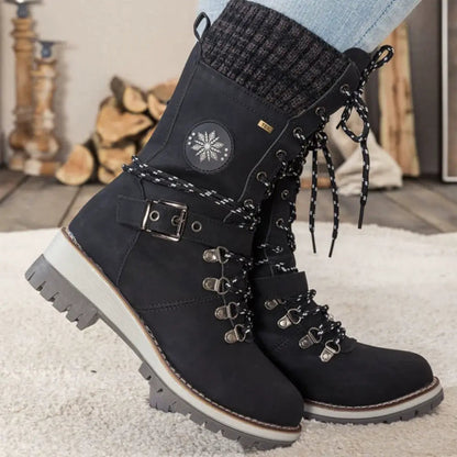 Knit Cuff & Buckle Lace-Up Snow Boots
