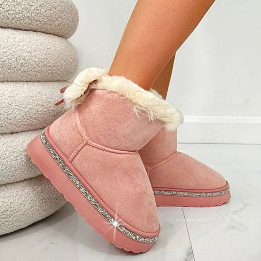 Crystal Trim Plush Faux Fur Slip-on Boots