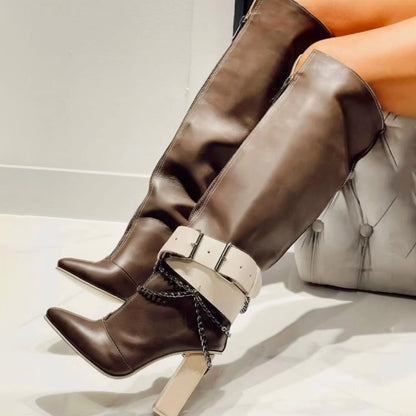 Point Toe Buckle Chain High Heel Boots