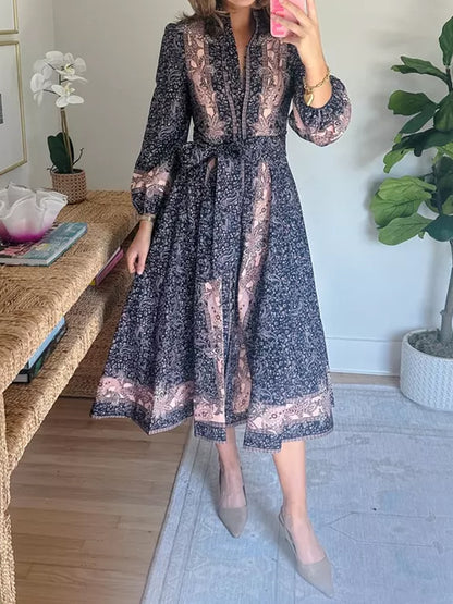 Floral Print Mandarin Collar Midi Dress