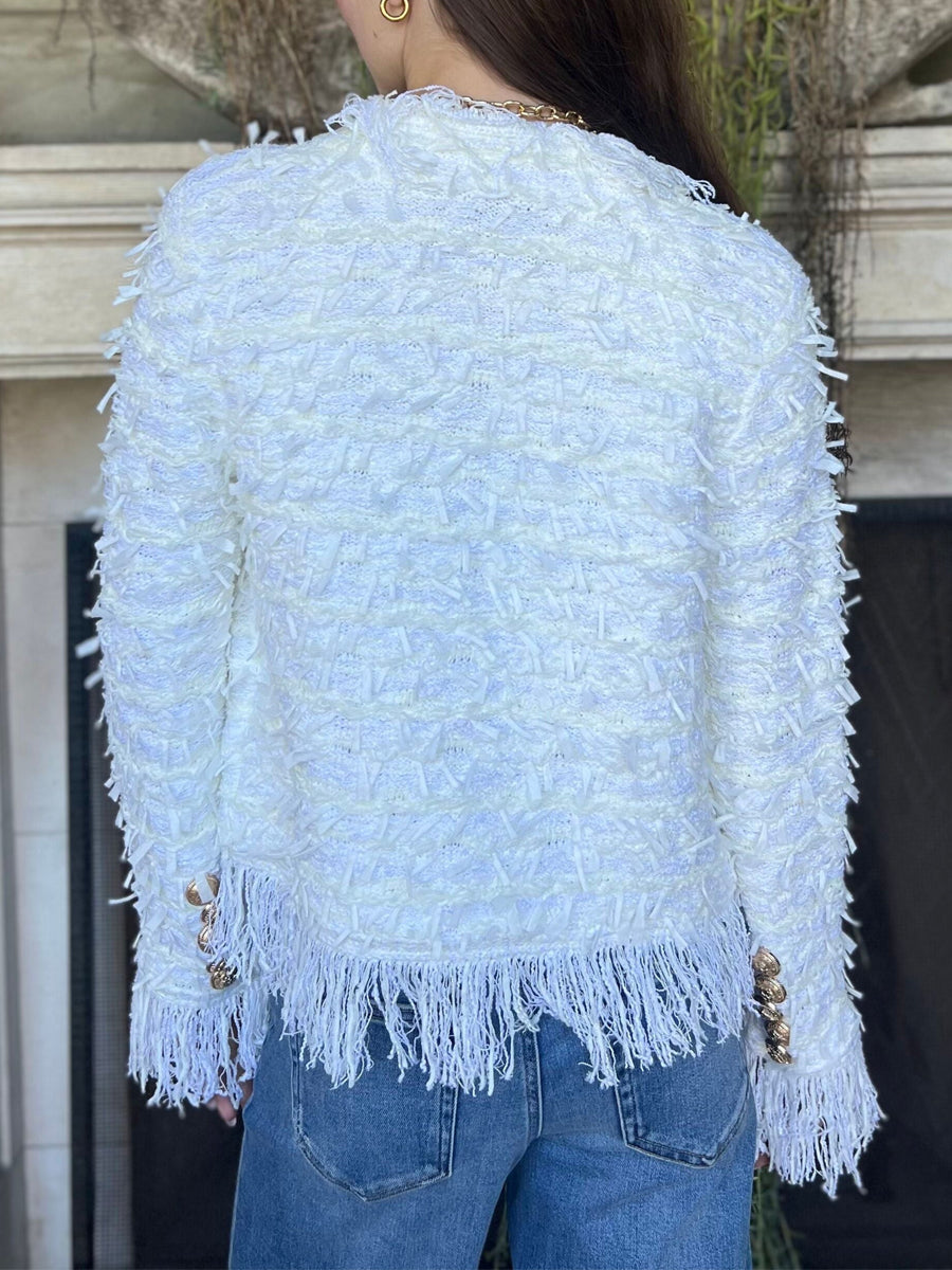 Elegant Fringed Metal Button Cardigan Jacket
