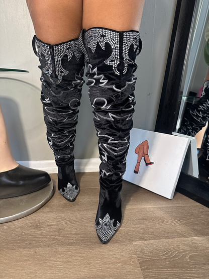 Velvet Rhinestone Embroidered Knee-high Boots