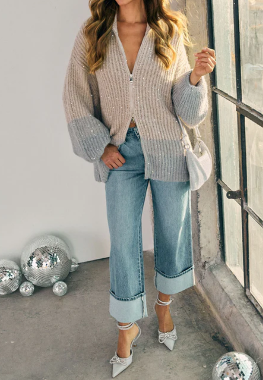 Grey Classy Sequin Knit Jacket