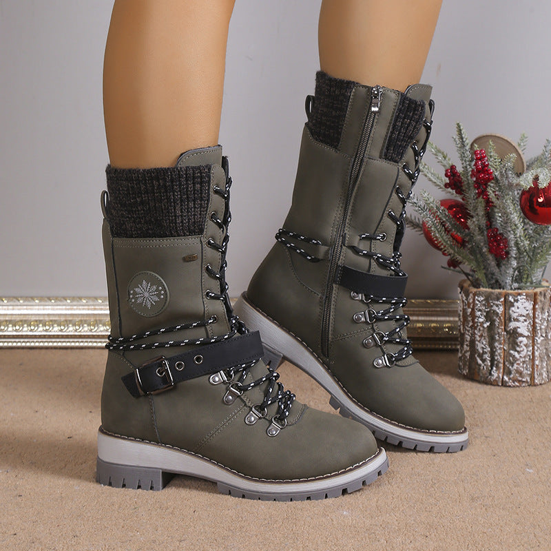 Knit Cuff & Buckle Lace-Up Snow Boots