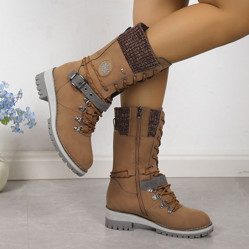 Knit Cuff & Buckle Lace-Up Snow Boots