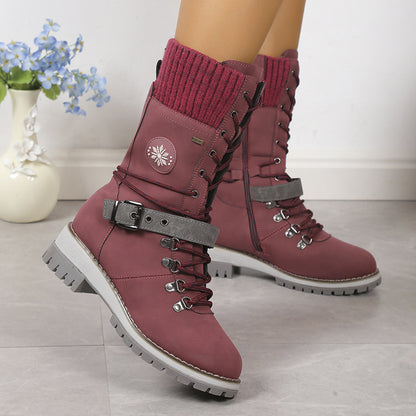 Knit Cuff & Buckle Lace-Up Snow Boots