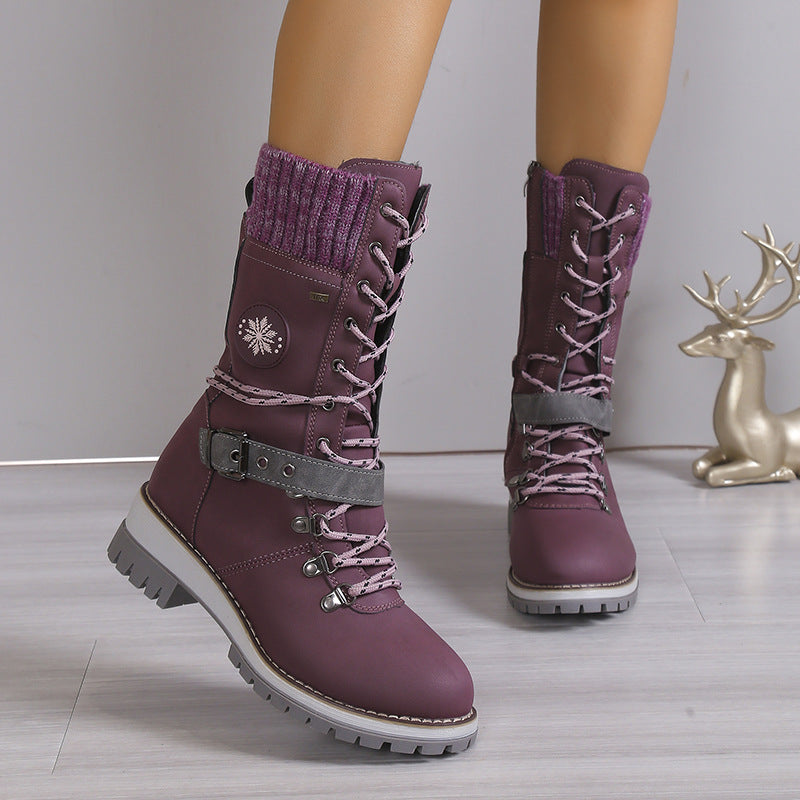 Knit Cuff & Buckle Lace-Up Snow Boots