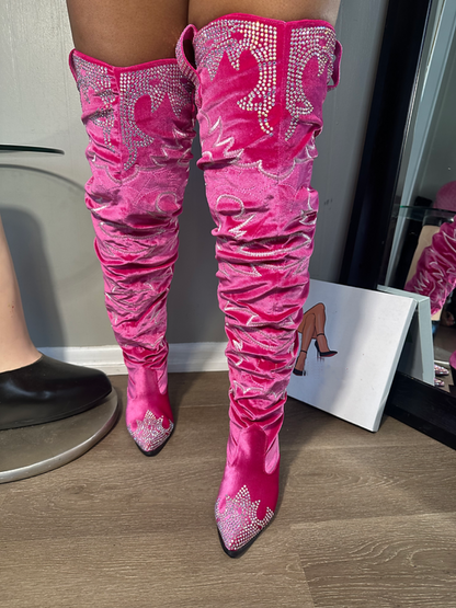 Velvet Rhinestone Embroidered Knee-high Boots