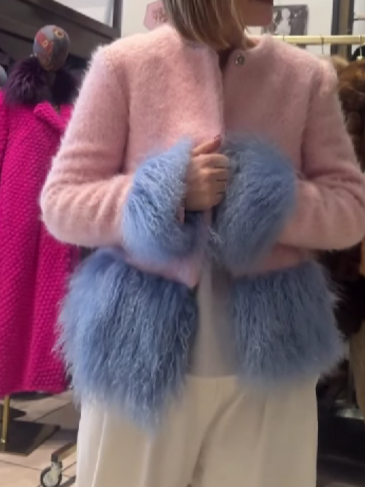 Blue Mongolian Wool-Trim Coat In Wool Blend