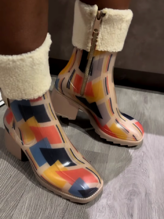 Square-Toe Coarse-Heeled Multicolor Velvet Boots