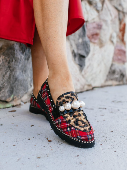 Scottish Plaid Pearl-Embellished Loafers